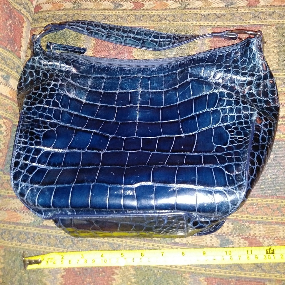 Furla navy blue embossed croc skin leather